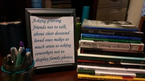 writing and grief books, a covered family photo, and pens (photo by Teresa TL Bruce, TealAshes.com)